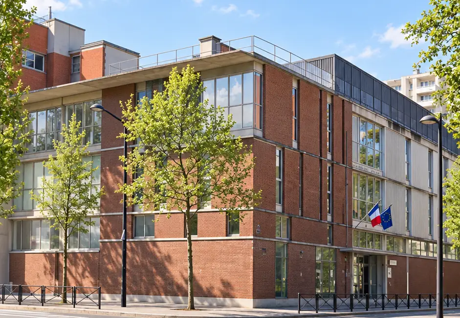 L'école Marguerite Long vue de la rue, façade en brique rouge et grandes baies vitrées